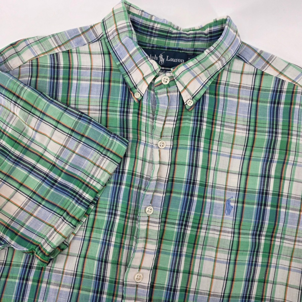 Polo Ralph Lauren Mens Green Plaid Cotton Linen Short Sleeve Shirt Classic Fit L
